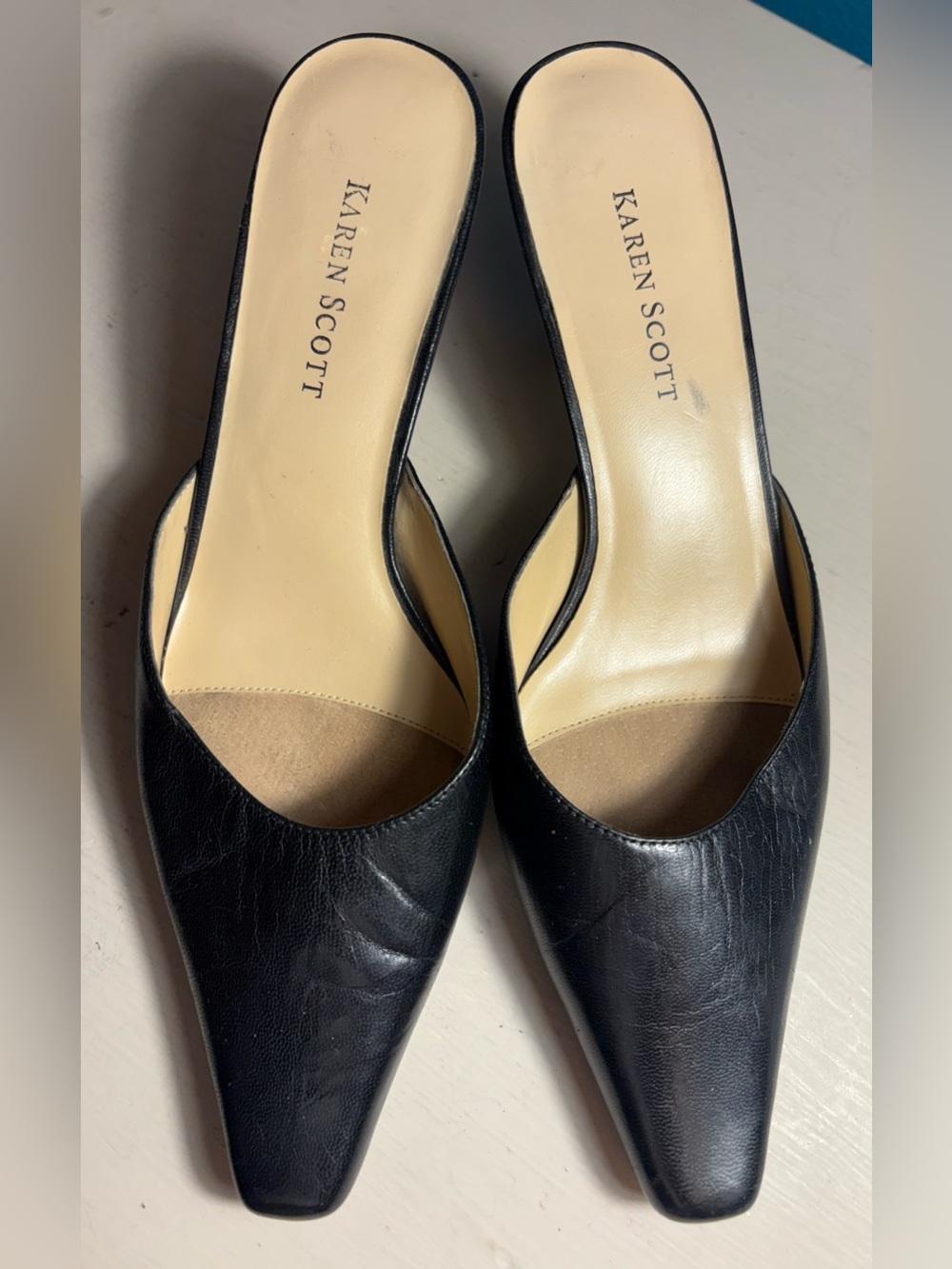 Karen Scott Black Leather Pointed-Toe Slip-On 2.5” Kitten Heel Mules - Size 6.5